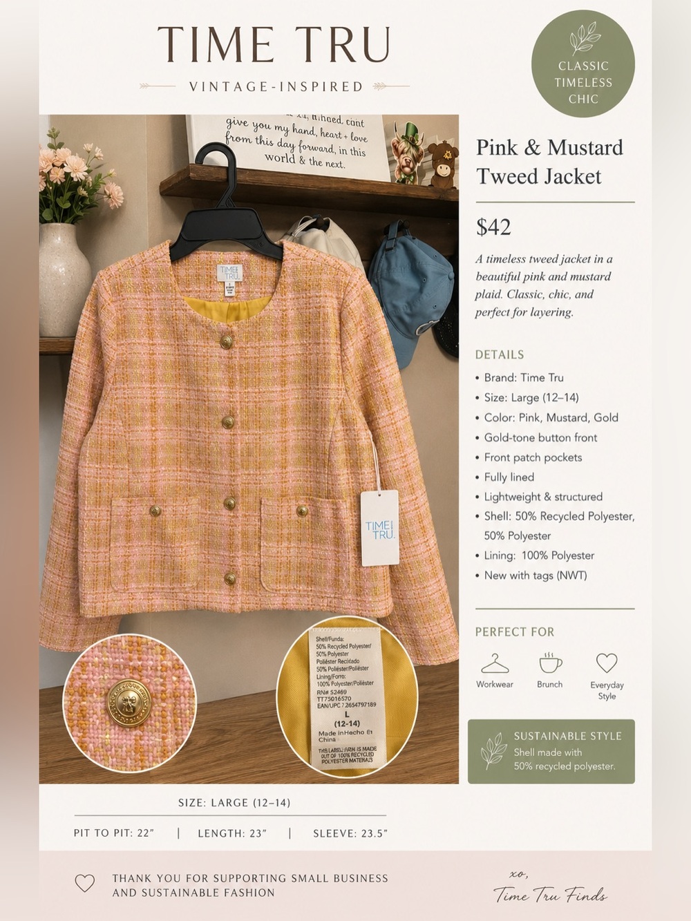 NEW WITH TAGS Time and Tru Pink Tweed Jacket | Size xxxl 22